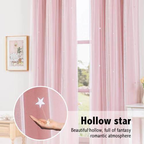 Image of indistar Star Cutout Kids Window Blackout Curtains for Girl Bedroom Window Room Darkening Curtains & Drapes Baby Nursery Curtains (2 Panel,35Wx63L inch,Blush Pink)