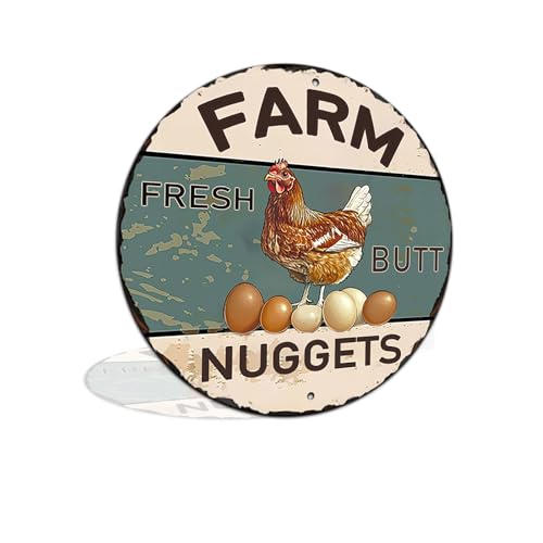 Farm Fresh Butt Nuggets Chicken Coop Vintage Metal Tin Signs for Farm Yard Home Kitchen Outdoor Decor 8x8 Inch Round Aluminum Wall Decor (2595)