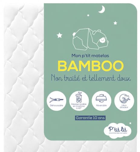 P'TIT LIT - Matelas Bébé Bamboo - 60x120 cm - Viscose Douce et Absorbante - sans Traitement Chimique - Déhoussable - Oeko Tex® - Fabrication Française -...