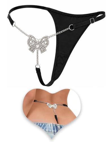 Image of Women's Rhinestone Thong Panties Crystal Chain Low Rise G String Lingerie | Rhinestone Chain T-Back Thong Panties With Adjustable Straps Low Rise G-string Micro Cheeky Shiny Panties Plus Size Underwear
