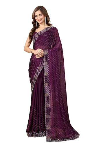 Trendmalls Womens Silk Blend Siroski Work Saree with Unstitch Blouse Piece (K1155-Purple)