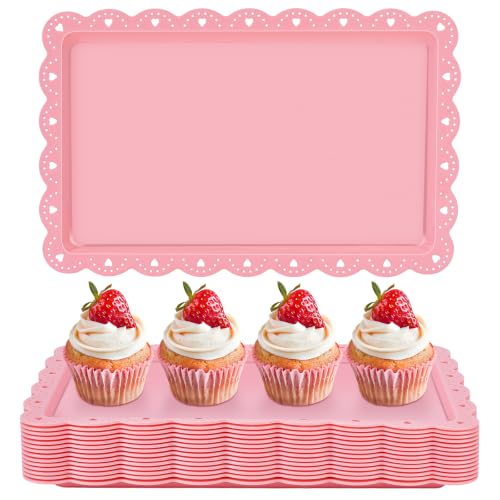 Image of DELORIGIN 14pcs Pink Plastic Serving Trays Bulk 14.4"x 9.2" Stackable Serving Platter Food Display Trays for Graduation Birthday Tea Party Kitchen Holiday Fruit Dessert Cookies Appetizers