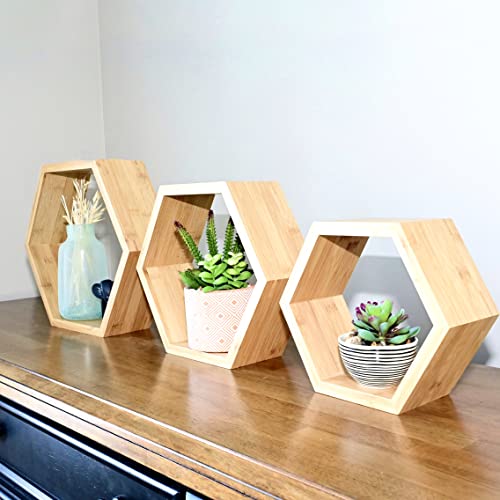 Bamboo Hexagon Floating Shelves For Wall Decor - Set Of 3 - Eco-Friendly Honeycomb Shelves For Wall Mounted Hexagon Shelf Room Decor With Hanging Hardware, Wall Shelves, Hexagon Shelves For Home Decor #TOP6