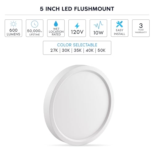 LUXRITE 5 Inch LED Flush Mount Ceiling Light, Super Slim 0.7" Thick, 10W 600LM, 5CCT Selectable 2700K 3000K 3500K 4000K 5000K, Surface Mount Downlight, Dimmable, Wet Rated, Energy Star, ETL (4 Pack) by LUXRITE - Used condition - Image 7