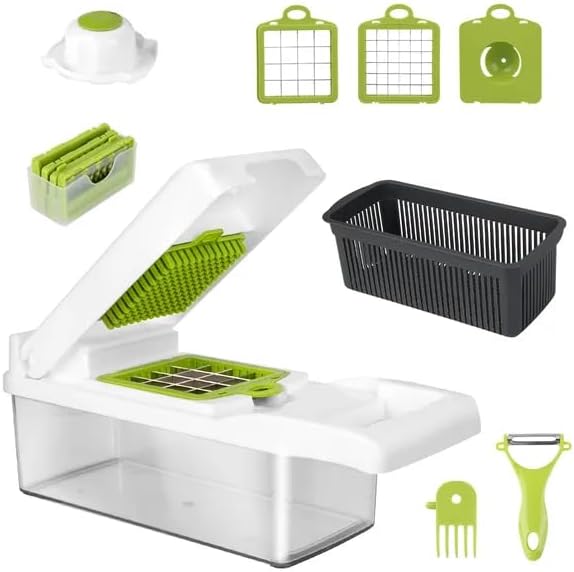 12 in 1 Vegetable Chopper with Container, Kitchen Food Slicer Dicer Grater, White and Green