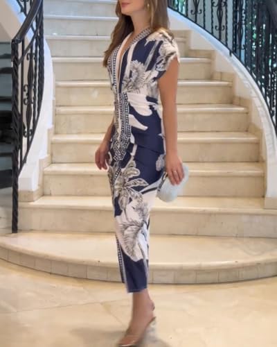 Image of CHICME Summer Dresses for Women Floral Print Plunge V Neck Midi Dress Casual Ruched Slit Bodycon Party Dress
