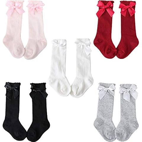 Adorel Girls Knee High Socks with Bows Cotton Pack of 5 White Grey Pink Red Black 7-9 Years (Manufacturer Size: XL) Cover