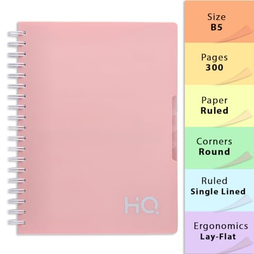 Image of Navneet HQ | Five Subject Spiral Wiro Bound Notebook |17.6x25 cm |Single Line |300 Pages |Salmon Pink (27048) (Pack of 2)
