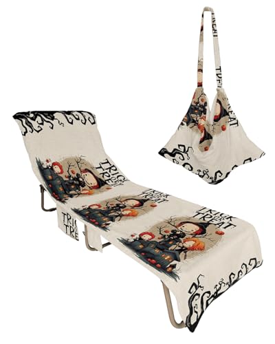 Halloween Beach Lounge Chair Towel Cover, Soft Chaise Lounge Towel with Side Pockets Patio Pool Chairs Cover for Beach/Pool Sunbathing 29x85 Trick or Treat Children Pumpkin Black Branches
