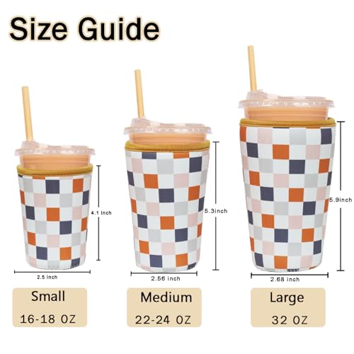 Image of Reusable Insulated Sleeve for Iced Coffee Cup, Coffee Neoprene Sleeve for Cold & Hot Drinks, Beverage Holder for Iced Coffee (Muted Grid, Small: 16-18oz)