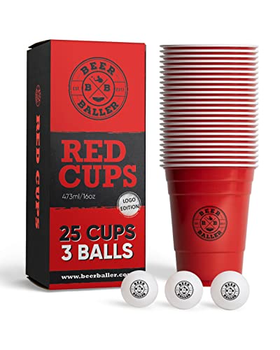 Vasos rojos con logo - 25 vasos rojos con logo y 3 pelotas | aptos para lavavajillas y reutilizables | 473ml - 16oz vasos de fiesta | vasos rojos de fiesta | Original American Red Cups