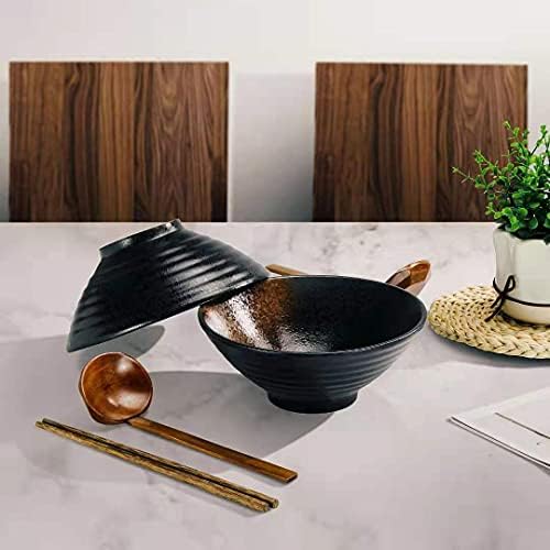 Pottery Ramen Bowls Set of 2 - Ideal for Noodle Salad Pasta Dinnerware Ceramic Japanese Bowl 2×1000 ml 34 Ounces Capacity with Chopsticks and Spoon Men and Women Gifts Ideas Porcelain - Jade Yellow