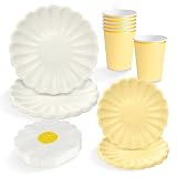 OH YEAH - Set Vajilla Desechable Fiesta 6 Personas - Vasos Cartón 270 cc + Platos Cartón Ø18 y Ø23 cm + Servilletas Papel - Menaje para Cumpleaños y Eventos - FIESTA COLOR FLORAL (Amarillo)