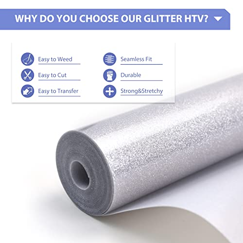 Image of HTVRONT Silver Glitter Heat Transfer Vinyl - 12 inch x 10ft Silver Glitter Iron on Vinyl for Shirts, Glitter HTV Vinyl Rolls for Heat Vinyl Design