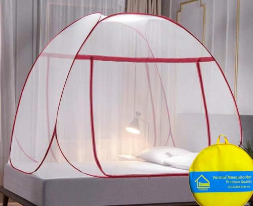 Image of VERDIOZ WITH DEVICE Double Bed Mosquito Net Machardani, King Size Mosquito Net Adult | Kids | Baby | Corrosion Free Steel Wire, 30 GSM Bright White Net with Saviour Kit -(RED Zipper, RED Border)