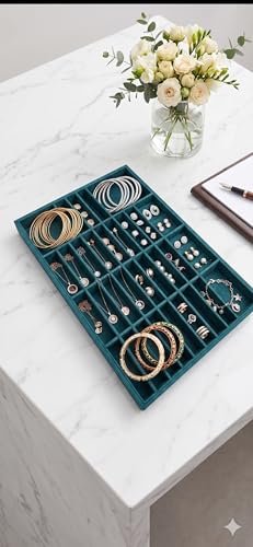 Image of Luxury Velvet Jewelry Organizer Tray for Watch Sunglasses Bangles Earrings Rings Chains Necklace & Others Storage Display Tray (Green, 40 Grid)