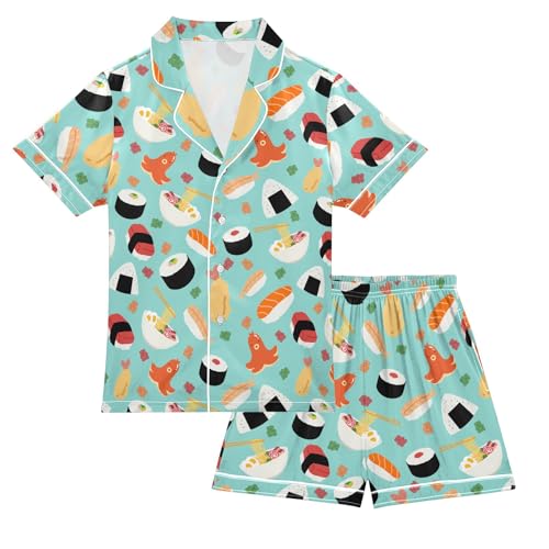 Cute Japanese Food Prints Summer Satin Pajama Set, Cute Button-Down Sleepwear Pj Set for Sleep Wears