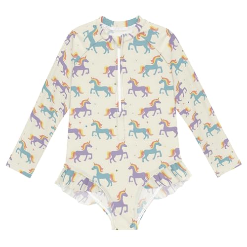 Simple Unicorns Prints Girls One Piece Rash Guard Swimsuit, Girls Long Sleeve Swimwear for 3-12Y