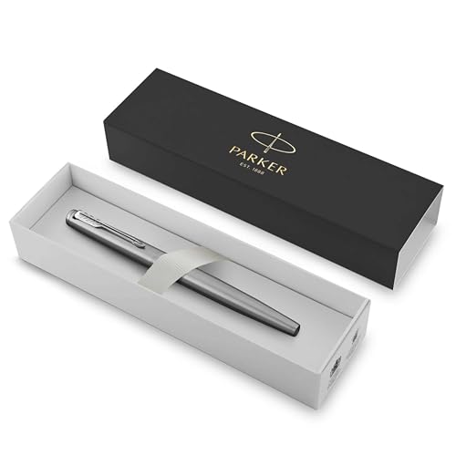 Parker Jotter Füller | Edelstahlschaft mit Chromzierteilen | Füllfederhalter mit mittlerer Feder | Schulsachen und bürobedarf | blaue Tinte | Geschenkbox