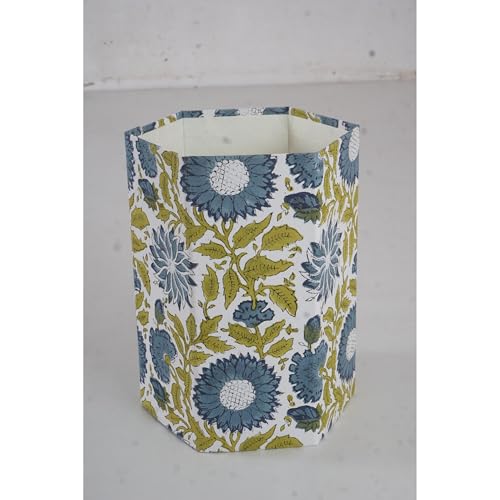 Image of Floral Hand Block Printed 3.3 Gallon Decorative Waste Basket - Eco-Friendly Cardboard Trash Can, Plastic-Free & Sustainable, Perfect for Christmas and Housewarming Gifts (1, Green Blue FLOWAR)