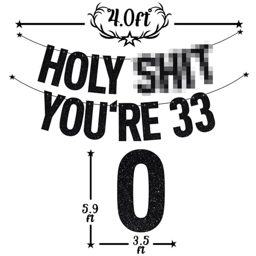 Image of Black Glitter Holy Sh*t You're 33 Banner, Happy 33rd Birthday /Cheers to 33 Years, Funny 33rd Birthday Party Decorations Supplies
