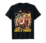 Funny Save A Turkey Eat Pizza Autumn Thanksgiving Groovy T-Shirt