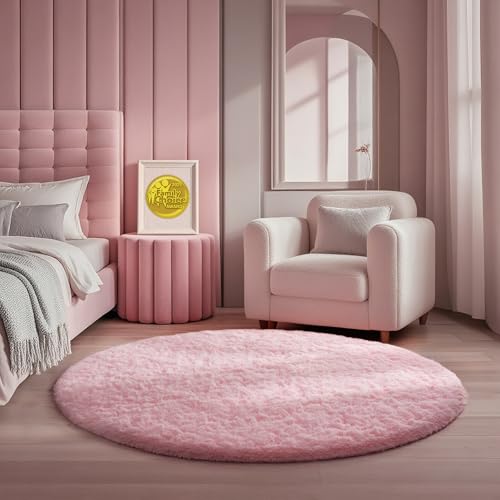 Ophanie Pink Round Rug for Bedroom Girls, Kids Fluffy Kawaii Fuzz...