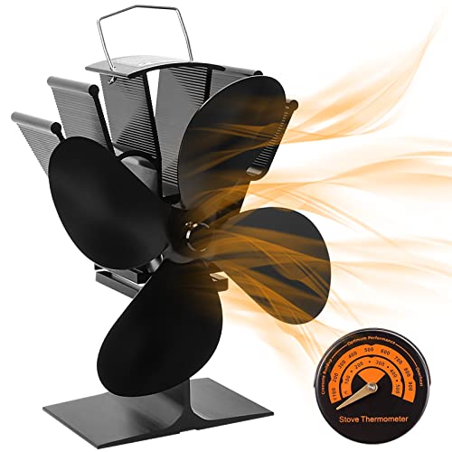 Wood Stove Fan, 4 Blade Heat Powered fireplace fan, Auto-sensing Silent Eco Friendly Wood Burning Stove fan for Gas Pellet Wood Log Burning Stoves with Magnetic Thermometer. Gift for Christmas