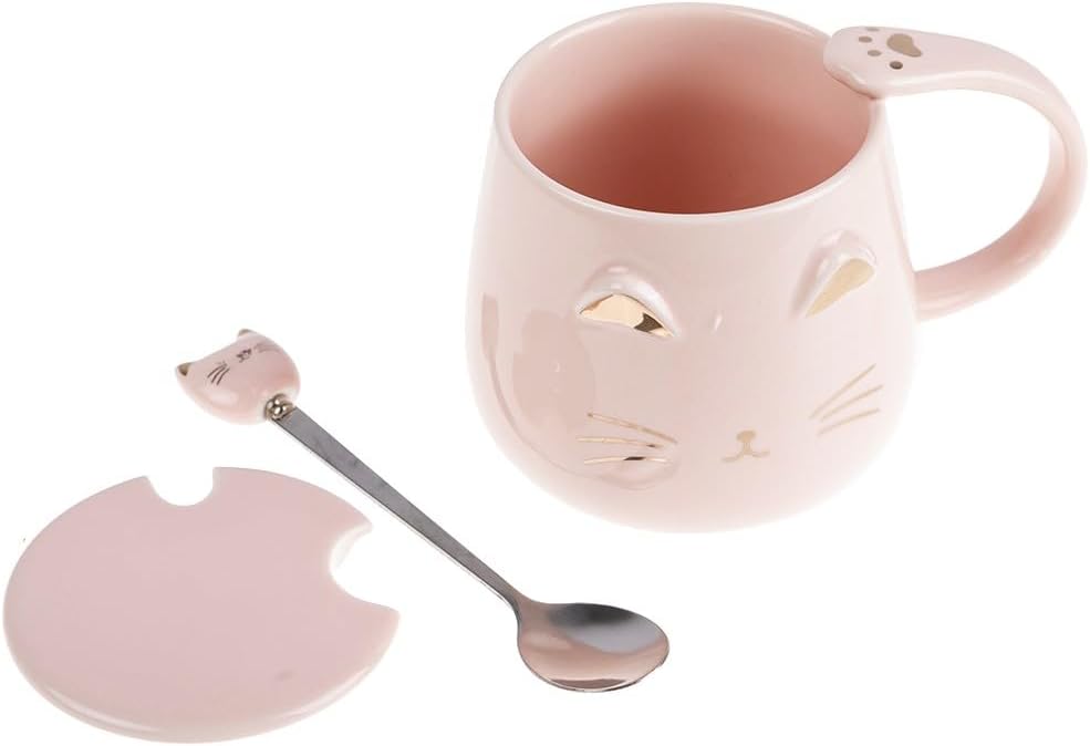 Set of 2 Kawaii 450ml Cat Mug with Lid and Spoon - Pink and Black - Porcelain - Tea Cup Coffee Original Japanese Gift Idea