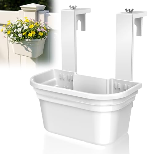 SprintGy 4 Pack Fence Post Planter for 5x5 PVC Fence Posts 15.75 Inch Fence Hanging Planters for Outdoor Plants Easy Install White Flower Pots for Deck Railing Garden Yard Decor
