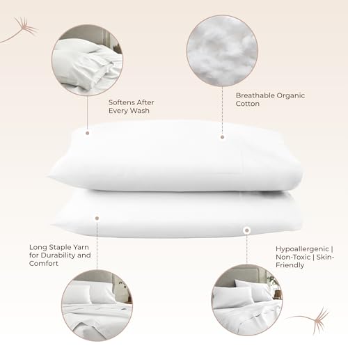 Image of 100% Organic Cotton Pillow Cases Queen Size Set of 2-100% Cotton Pillowcases GOTS Certified 300 Thread Count - Naturally Cooling Comfortable Breathable & Soft Pillow Cases (White, Queen)