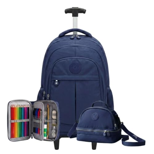 Kit Escolar Completo - Mochila de Rodinhas, Lancheira Térmica e Estojo Espaçoso Juvenil (Azul Escuro)