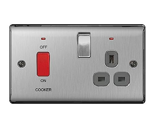 BG-Nexus-Metal 45A Single Cooker Switch and 13A Plug Socket,Brushed Steel Finish,Grey Inserts