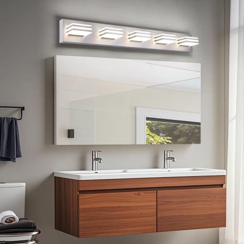 Image of LED Wall Brushed Nickel Vanity Lights for Bathroom Light Fixtures 30W Adjust 3 Colors Modern Bath Lighing Over Mirror LED Vanity Light (5-Light,34inch)