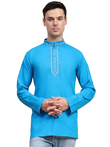 SKAVIJ Chemise Homme - Kurta en Coton - Chemises Décontractées Brodées Turquoise M