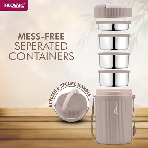 Image of Trueware GRUB 4 Double Wall Insulated Hot Lunch Box with 3 SS Container 300 ML Each & 1 SS Container 200ML | Bpa Free | Food Grade | Hot and Fresh Ma (LBI-GRB-004-Pink BAZ)