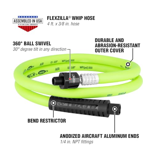 Flexzilla Swivel Whip Air Hose, 3/8 in. x 4 ft. (1/4" MNPT Ball Swivel x 1/4" FNPT Ends), Heavy Duty, Lightweight, Hybrid, ZillaGreen - HFZ3804YW2B - image 2