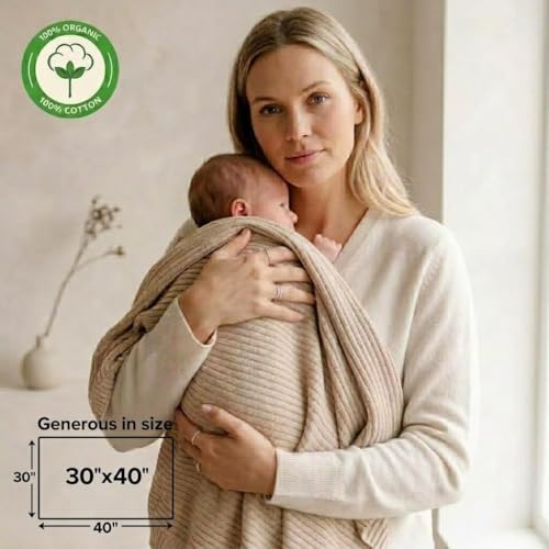 Image of 100% Organic Cotton Knit Receiving Baby Blanket for Newborns - Soft, Breathable Blanket for Crib & Stroller - Nursery Gift 2-Pack (Ribbed Fog /Baby Blue).