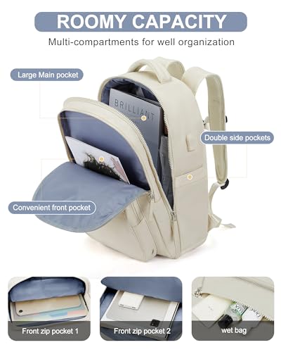 Image of Travel Carry on Backpack, Aesthetic Laptop Backpack Purse for Women Men Airline Approved, Waterproof Personal Item Size Backpack Casual Daypacks for College, Business with USB Charging Port, Beige