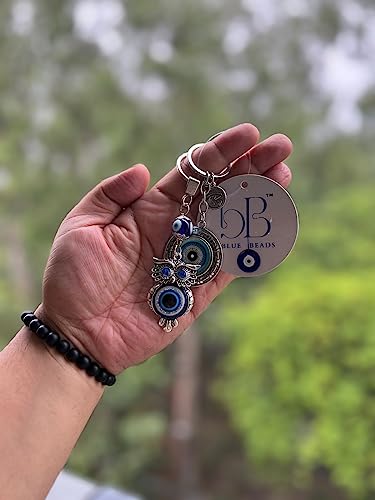 Image of BLUE BEADS Original Blue and Silver Color Evil Eye Keychain For Bike /Car Gifting With Key Ring Anti-Rust (Pack of 3)