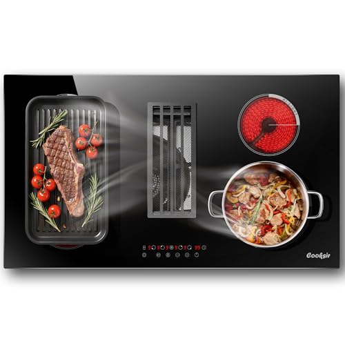 Cooksir 36 Inch Electric Cooktop with Downdraft - 4 Burner Built-in Electric Stove 7400W, 36 Inches Electrical Stove Downdraft Range Hood, Timer, Safety Lock, BBQ Bridge Burner, Recirculating Air Vent