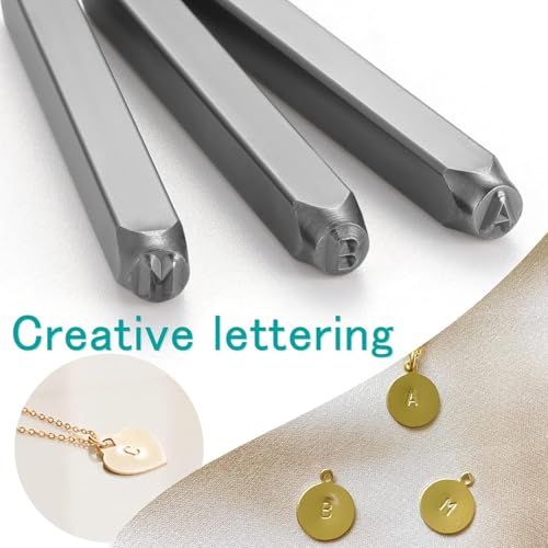 Aubzy 37-teiliges Metall Schlagstempel Set 3mm, Alphabet A-Z Zahlen 0-9 & Sonderzeichen, Gehärteter Stahl Prägestempel für Metall Kunststoff Holz Leder,