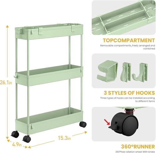 Image of SPACELEAD 2-piece Set Slim Storage Cart 3 Tier,Bathroom Organizer Rolling Utility,Mobile Shelving Unit Slide Out for Office, Kitchen, Laundry Room & Narrow Places