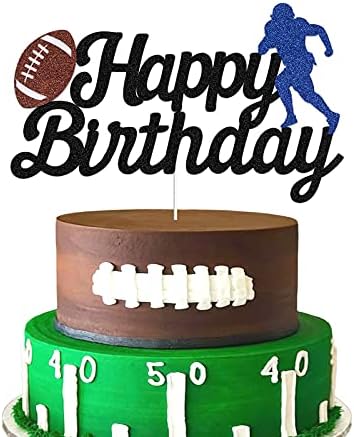 Football Cake Topper - Happy Birthday Cake Topper for Football / Sport theme Birthday Party decoration (Black Glitter)
