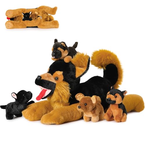 MorisMos 50cm lang riesen Schäferhund Kuscheltier mit 4 welpen im Bauch, groß Deutscher schäferhund Plüschtier Stofftier XXL, weich Plüschhund dogteddy Geschenk Kinder Baby