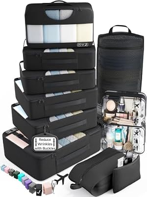 Veken 11 Set Packing Cubes for Travel,Anti-Wrinkle Buckled Suitcase Organizer with Shoe,Toiletry,Makeup Bag,Carry On Luggage Bag with 99+ Count Mesh Holes for Airplane & College Dorm Essentials