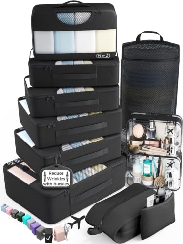 Veken 11 Set Packing Cubes for Travel,Anti-Wrinkle Buckled Suitcase Organizer with Shoe,Toiletry,Makeup Bag,Carry On Luggage Bag with 99+ Count Mesh Holes for Airplane & College Dorm Essentials