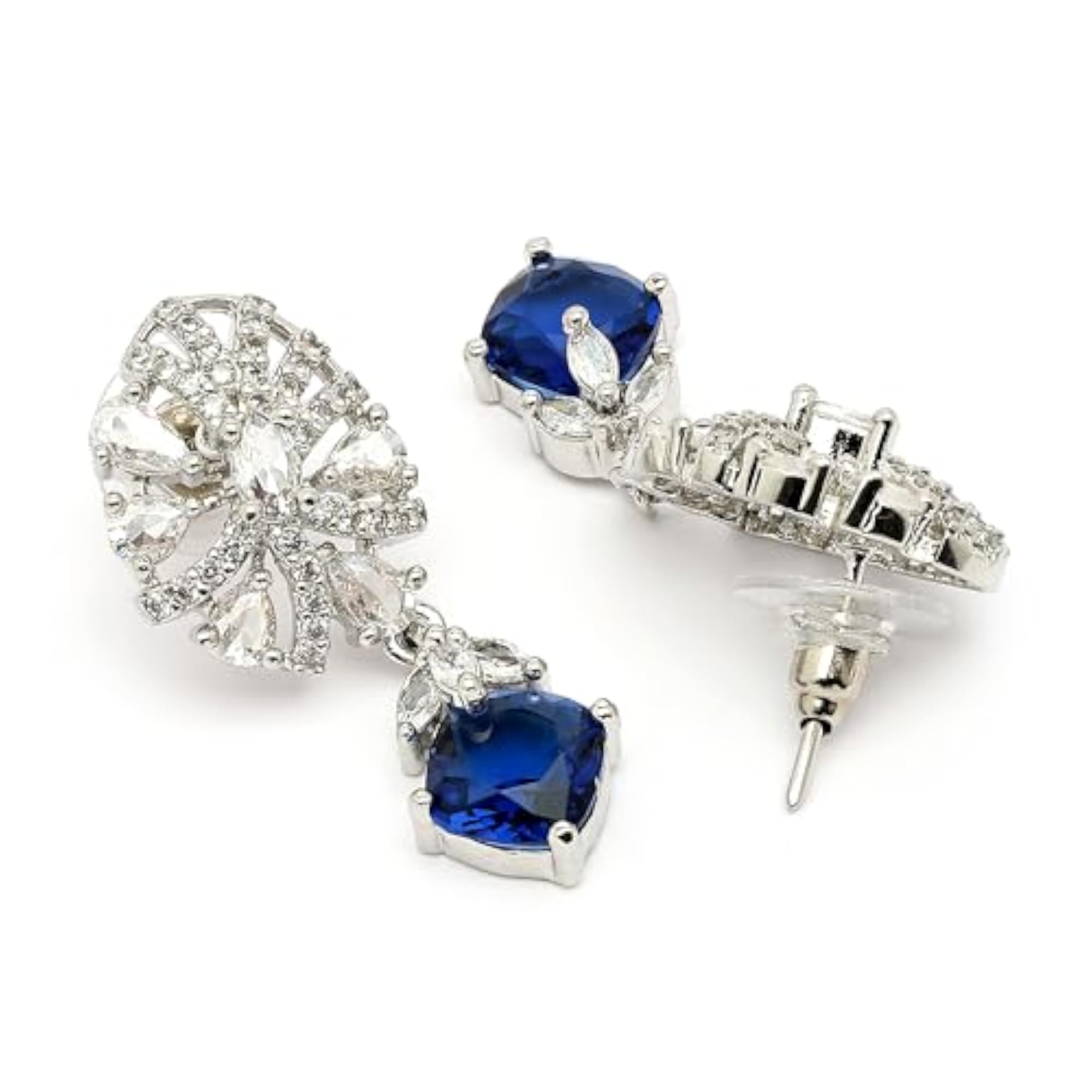 Women's Rhodium Plated Leaf Shaped American Diamond Studded Drop Earrings