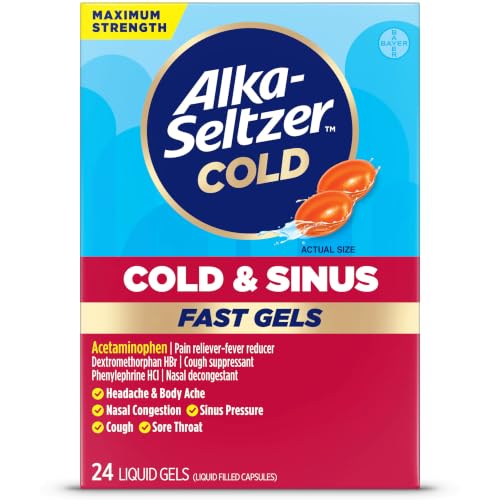 Alka-Seltzer Cold Cold & Sinus Max Strength Fast Gels Medicine Multi-Symptom Relief Body Aches and Pains Sinus Pressure Congestion Relief 24 Count (Packaging May Vary)