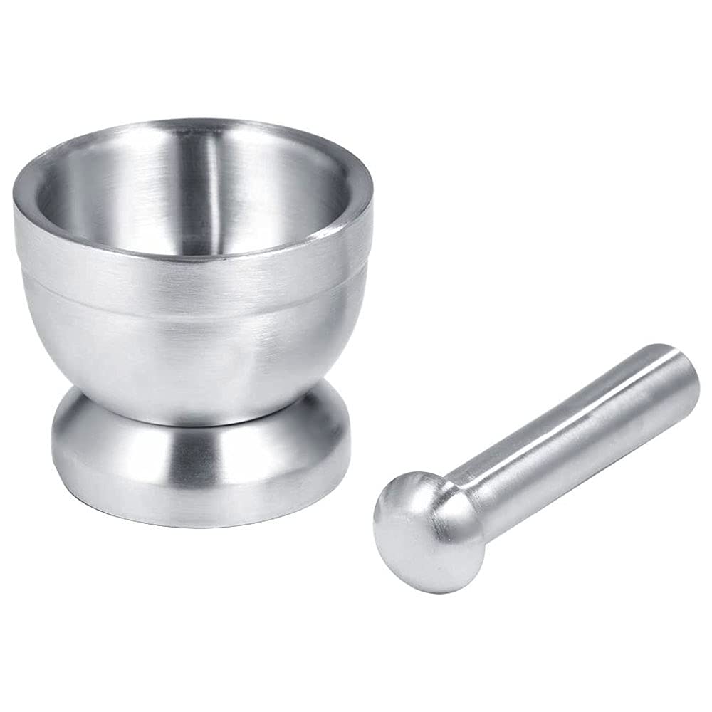 Ancllo Silver Stainless Steel Hand Masher Bowl Mortar And Pestle Set Beans Garlic Spices Foodstuffs Kitchen Tool With Lid